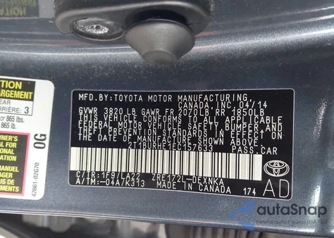 2014 Toyota Corolla L/Le/Le Pls/Prm/S/S Pls z USA, uszkodzony, nr VIN 2T1BURHE1EC157633